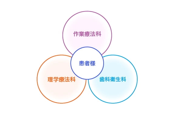 作業療法科・理学療法科・歯科衛生科でチームを組んで患者様をサポートする図