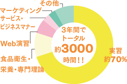 3年間でトータル約3000時間!そのうち70%は実習となるグラフ